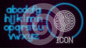 Glowing neon line Alloy wheel for a car icon isolated on brick wall background. Neon light alphabet. Vector