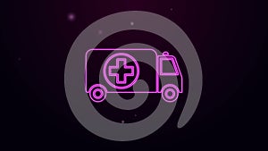 Glowing neon line Ambulance and emergency car icon isolated on purple background. Ambulance vehicle medical evacuation