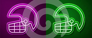 Glowing neon line American football helmet icon isolated on purple and green background. Vector Illustration