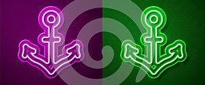 Glowing neon line Anchor icon isolated on purple and green background. Vector