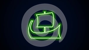 Glowing neon line Ancient Greek trireme icon isolated on black background. 4K Video motion graphic animation