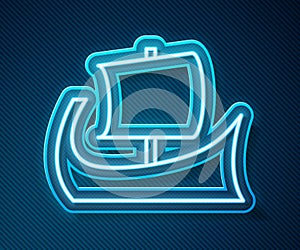 Glowing neon line Ancient Greek trireme icon isolated on blue background. Vector