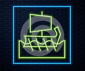 Glowing neon line Ancient Greek trireme icon isolated on brick wall background. Vector