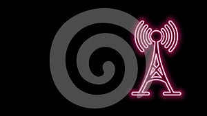 Glowing neon line Antenna icon isolated on black background. Radio antenna wireless. Technology and network signal radio