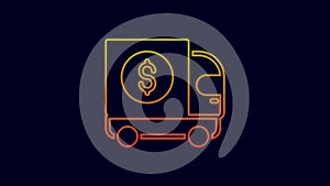 Glowing neon line Armored truck icon isolated on blue background. 4K Video motion graphic animation