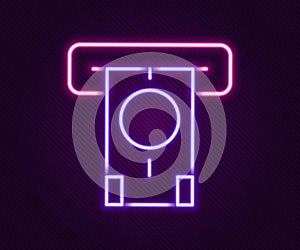 Glowing neon line ATM - Automated teller machine and money icon isolated on black background. Colorful outline concept