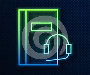 Glowing neon line Audio book icon isolated on blue background. Book with headphones. Audio guide sign. Online learning