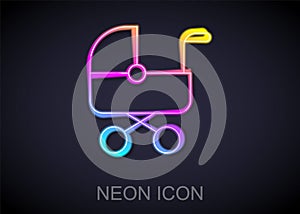 Glowing neon line Baby stroller icon isolated on black background. Baby carriage, buggy, pram, stroller, wheel. Vector