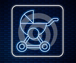 Glowing neon line Baby stroller icon isolated on brick wall background. Baby carriage, buggy, pram, stroller, wheel