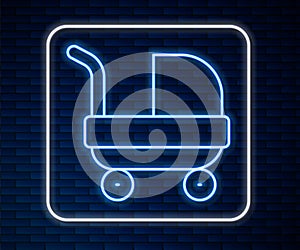Glowing neon line Baby stroller icon isolated on brick wall background. Baby carriage, buggy, pram, stroller, wheel