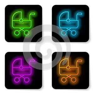 Glowing neon line Baby stroller icon isolated on white background. Baby carriage, buggy, pram, stroller, wheel. Black