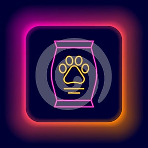 Glowing neon line Bag of food for dog icon isolated on black background. Dog or cat paw print. Food for animals. Pet