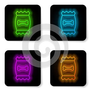 Glowing neon line Bag of food for pet icon isolated on white background. Food for animals. Dog bone sign. Pet food