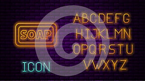 Glowing neon line Bar of soap icon isolated on brick wall background. Soap bar with bubbles. Neon light alphabet. Vector