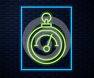 Glowing neon line Barometer icon isolated on brick wall background. Vector