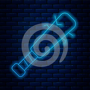 Glowing neon line Baseball bat with nails icon isolated on brick wall background. Violent weapon. Vector