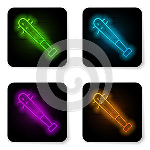 Glowing neon line Baseball bat with nails icon isolated on white background. Violent weapon. Black square button. Vector