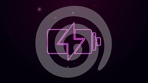 Glowing neon line Battery icon isolated on purple background. Lightning bolt symbol. 4K Video motion graphic animation