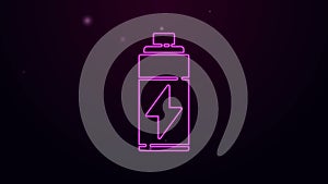 Glowing neon line Battery icon isolated on purple background. Lightning bolt symbol. 4K Video motion graphic animation