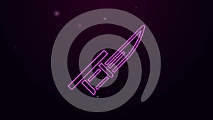 Glowing neon line Bayonet on rifle icon isolated on black background. 4K Video motion graphic animation