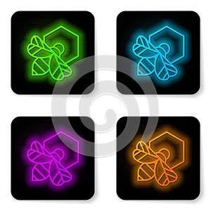 Glowing neon line Bee and honeycomb icon isolated on white background. Honey cells. Honeybee or apis with wings symbol