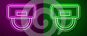 Glowing neon line Bellboy hat icon isolated on purple and green background. Hotel resort service symbol. Vector