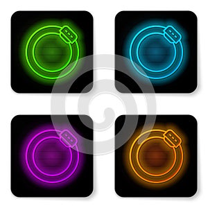 Glowing neon line Bicycle brake disc icon isolated on white background. Black square button. Vector