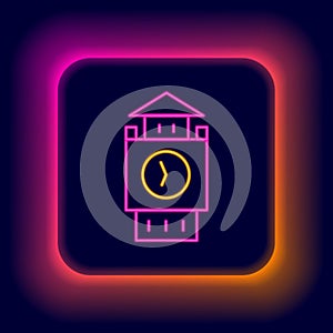 Glowing neon line Big Ben tower icon isolated on black background. Symbol of London and United Kingdom. Colorful outline