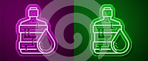 Glowing neon line Big bottle with clean water icon isolated on purple and green background. Plastic container for the