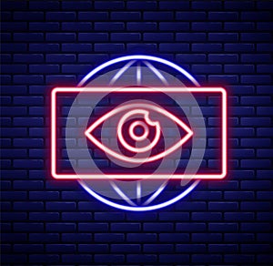 Glowing neon line Big brother electronic eye icon isolated on brick wall background. Global surveillance technology