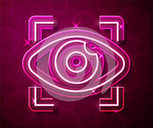 Glowing neon line Big brother electronic eye icon isolated on red background. Global surveillance technology, computer
