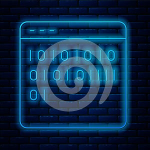 Glowing neon line Binary code icon isolated on brick wall background. Vector