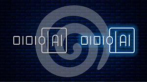 Glowing neon line Binary code icon isolated on brick wall background. Vector