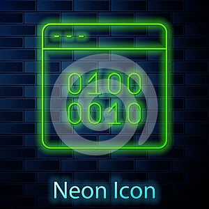 Glowing neon line Binary code icon isolated on brick wall background. Vector