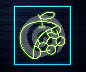 Glowing neon line Biological structure icon isolated on brick wall background. Genetically modified organism and food