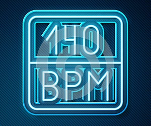 Glowing neon line Bitrate icon isolated on blue background. Music speed. Sound quality. Vector