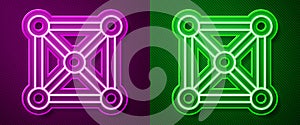 Glowing neon line Blockchain technology icon isolated on purple and green background. Cryptocurrency data. Abstract