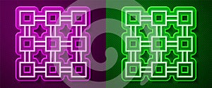 Glowing neon line Blockchain technology icon isolated on purple and green background. Cryptocurrency data. Abstract