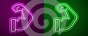 Glowing neon line Bodybuilder showing his muscles icon isolated on purple and green background. Fit fitness strength