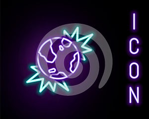 Glowing neon line Bomb explosive planet earth war danger icon isolated on black background. Colorful outline concept