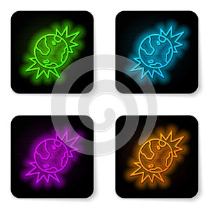 Glowing neon line Bomb explosive planet earth war danger icon isolated on white background. Black square button. Vector