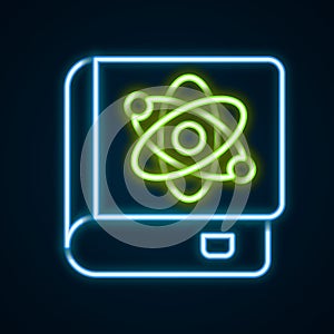 Glowing neon line Book about physics icon isolated on black background. Colorful outline concept. Vector