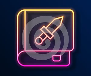 Glowing neon line Book about weapon icon isolated on black background. Small firearm. Weapon catalog. Vector