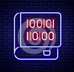 Glowing neon line Books about programming icon isolated on brick wall background. Programming language concept. PHP, CSS