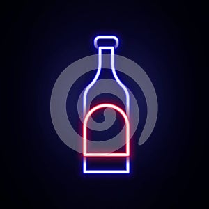 Glowing neon line Bottle of wine icon isolated on brick wall background. Colorful outline concept. Vector