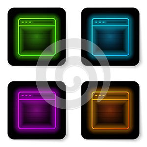 Glowing neon line Browser window icon isolated on white background. Black square button. Vector