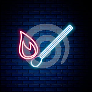 Glowing neon line Burning match with fire icon isolated on brick wall background. Match with fire. Matches sign