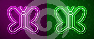 Glowing neon line Butterfly icon isolated on purple and green background. Vector