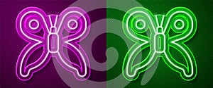 Glowing neon line Butterfly icon isolated on purple and green background. Vector