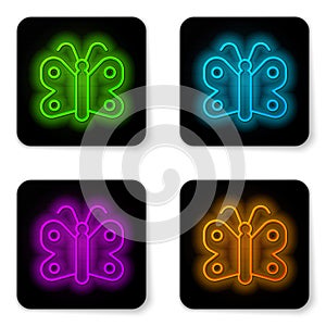 Glowing neon line Butterfly icon isolated on white background. Black square button. Vector